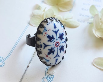 Bague en porcelaine peinte à la main avec Azulejo, style titre portugais, cadeaux de bijoux d'été, achat d'anniversaire de vacances, meilleur cadeau de femme, cadeau de voyageur