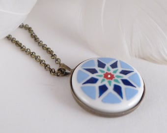 Porcelain blue necklace with geometric pattern, ceramic pendant hand painted, colorful jewelry, mandala necklace, lovely art gifts