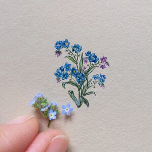 Miniaturowa ilustracja z kwiatami Niezapominajka, oryginalna akwarela malarska Kwiaty, prezenty urodzinowe dla niej zdjęcie 1