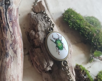 Tiny porcelain bracelet with hand-painting green beetle, minimalist handmade jewlery, insect lover gift, nature lover, botanical inspiration