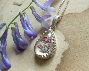 Tiny necklace with toadstool, hand painting  mushroom, dainty pendant for friend