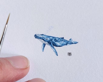Original Illustration with blue whale ,miniature watercolor Humpback Hand painted, ocean lover gift