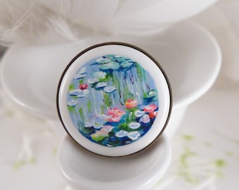 Bague en porcelaine peinte à la main avec des nénuphars de Claude Monet, artiste célèbre de l'impressionnisme, cadeau pour professeur d'art, cadeau unique pour amateur de Monet