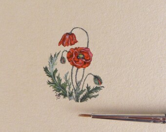 Original miniature with red Poppies,  Botanical illustration hand-painting, gift for flower lover, country wall decoration