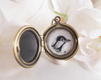 Locket with miniature painting bird, small ball necklace, gift for bird lover