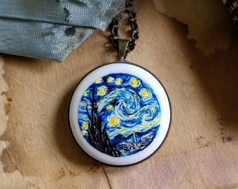 Porcelain hand painted necklace with Vincent van Gogh, Starry night painting, impressionism gift for her, art teacher gift,exclusive jewelry