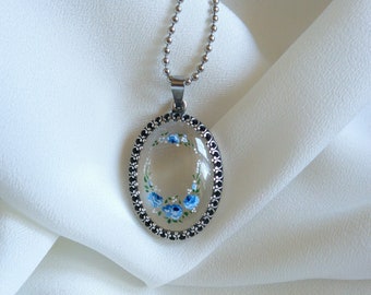 Delicate glass necklace with Blue roses, hand-painted glass pendant , special gift for girlfriends