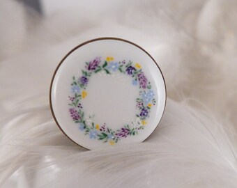 Porcelain hand-painted ring with floral wreath, summer jewelry gift, cottagecore style outfit, present for gardener, lover flower gift
