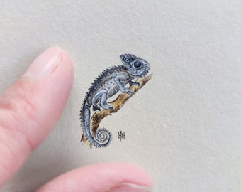 Tiny illustration with Chameleon, original miniature watercolor painting, unique gift for animal lovers, wall decor for reptile lover