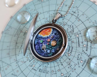 Solar system necklace, locket hand painted, planet jewelry, special gift for you