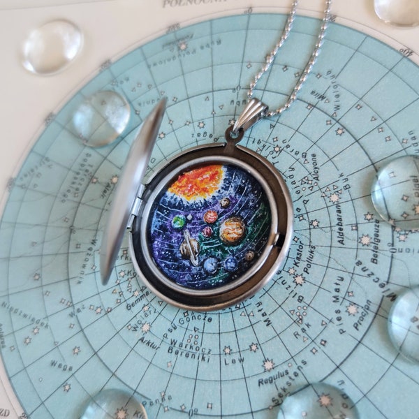 Solar system necklace, locket hand painted, planet jewelry, special gift for you