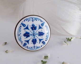 Hand-painted porcelain ring with Azulejo, Portugal title ceramic pendant, unique gift for women, blue and white summer handmade jewelry