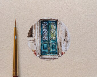 Watercolor miniature with old door Dubrovnik, handpainted artwork, wall home decoration