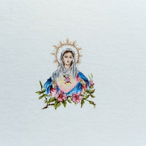 Miniature painting with Heart of Mary, hand painted illustration with Mother of God, watercolor tiny gift, religious wall decor, holly gift zdjęcie 2