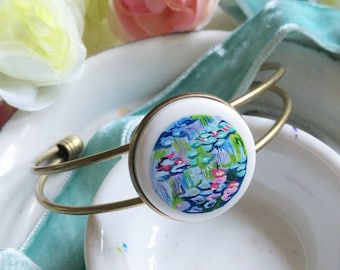 Porcelain hand-painted bracelet with water lilies Claude Monet, gift for Impressionism lover, present for your favorite women, art jewelry