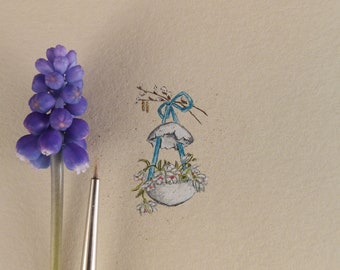 Dipinto in miniatura con biglietto di Pasqua, illustrazione ad acquerello vintage, decorazione murale pasquale, cartoline vintage fatte a mano, piccolo regalo per il nonno