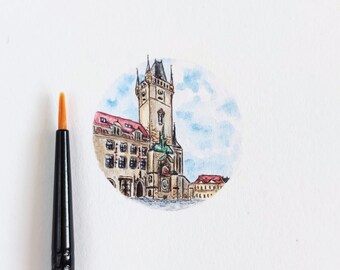 Praga, acquerello originale in miniatura, illustrazione pittorica della città europea, souvenir di viaggio, arte dei ricordi delle vacanze, regalo per i viaggiatori