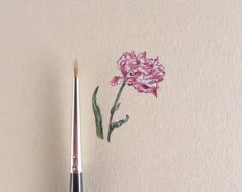 Original watercolor miniature with vintage tulip, Botanical illustration painted, gift for flowers lover, countrycore decor, tiny gift