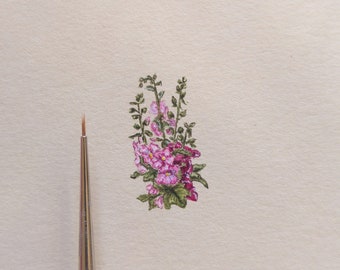 Illustration miniature originale avec roses trémières, aquarelle, cadeau spécial fait main pour maman, cadeau unique pour jardinier, petit cadeau