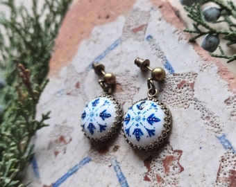 Tiny earrings with Azulejo, hand-painted porcelain jewelry, tile blue portugal,  handmade ceramic jewelry, best gift for mother