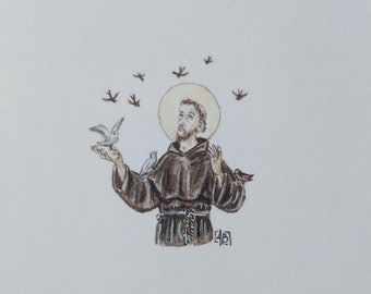 Illustrazione in miniatura con San Francesco d'Assisi, ritratto di santo cattolico, regalo di cresima personalizzato per ragazzo, dipinto religioso