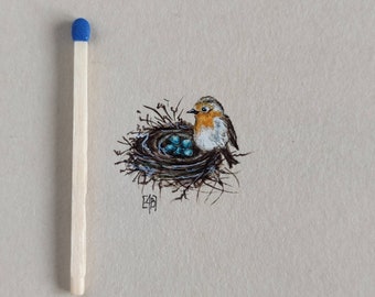 Acuarela en miniatura original con Bird Robin, pintando un pequeño regalo con marco, regalo para los amantes de las aves, inspirado en la naturaleza