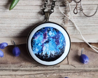 Porcelain necklace with Starry night in the forest, painting pendant, jewelry for women