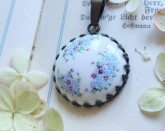 Porcelain necklace with blue flowers, hand painted flowers, cottagecore pedant, statement original present , handmade gift for friend