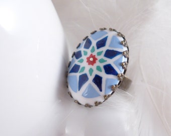 Hand-painted porcelain ring with stained glass ring, geometric jewelry, handmade gift for friend, bohemian style ring, unique gift for women