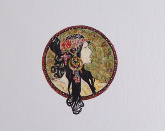 Illustration miniature originale avec des têtes byzantines d’Alfons Mucha, petite aquarelle avec cadre, créer une œuvre d’art de collection, cadeau pour artiste