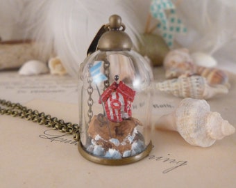 Necklace with glass dome, summer jewelry, Terrarium cloche with beach house,  miniature world bottle pendant,