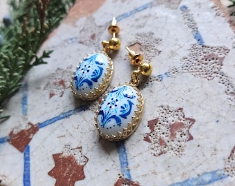 Tiny earrings with Azulejo, hand-painted porcelain jewelry, tile blue portugal,  handmade jewelry, ceramic jewelry, best gift for women