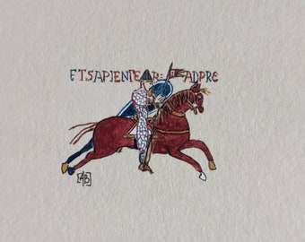 Bayeux Tapestry watercolor tiny artwork, miniature decoration livingroom, gift for history lover, gift for traveler, admirer of medieval art