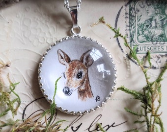 Delicate necklace with Fawn, hand painting young Roe Deer, gift for forest lover, handmade fall jewelry, lovely art tiny christmas gift