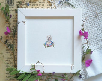 Miniature painting with Heart of Mary, hand painted illustration with Mother of God, watercolor tiny gift, religious wall decor, holly gift