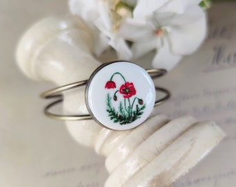 Porcelain hand painted bracelet with Poppies, original artwork, birthday gift for flower lover