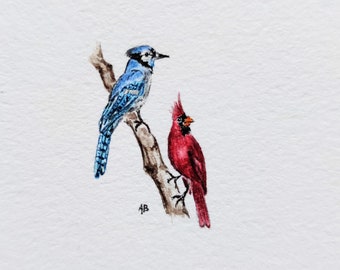 Miniature drawing with birds Blue Jay and Northern Cardinal, Natural History Bird , original watercolor artwork, gift for birds lover