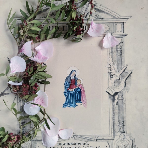 Illustration originale à l'aquarelle de sainte Anne, portrait peint à la main de mécène catholique miniature, cadeau religieux
