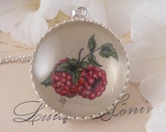 Handbemalte Halskette mit Himbeeren, besonderes Geschenk für Naturliebhaber, Gärtneridee Geschenk, handgemachter Schmuck, romantisches Geschenk für Frau