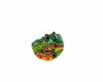 Print of watercolor miniature with Great Wall of China, travel souvenir, painting miniature , wall decoration asian art