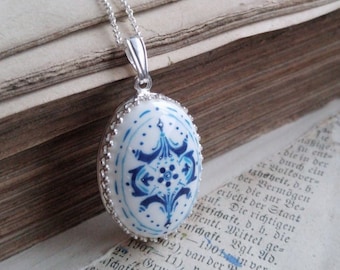 Porcelain azulejos necklace, miniature ceramic jewelry, bridesmaid necklace, hand painting summer jewelry, special gift for favorite women