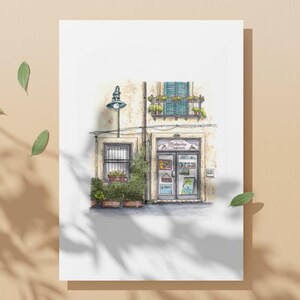 Schizzo urbano accattivante: stampa artistica ad acquerello di una vetrina in Sicilia per gli ammiratori dell'Italia, decorazione da parete, regalo perfetto per i viaggiatori