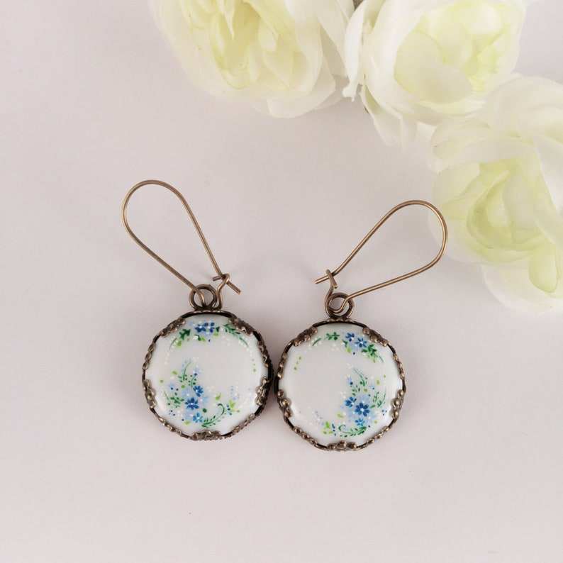 Porcelain earrings with blue flowers, hand-painted earrings, Japanese porcelain original, gift for flower lovers, portugal title jewelry zdjęcie 6