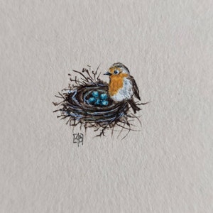 Original miniature watercolor with Bird Robin, painting tiny present with frame