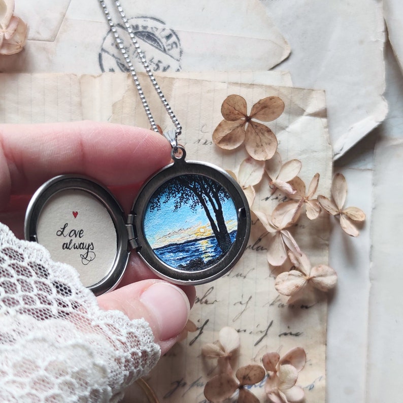 Personalized locket, Original painting necklace with place of engagement, first anniversary gift, pattern from your photo, gift for wife