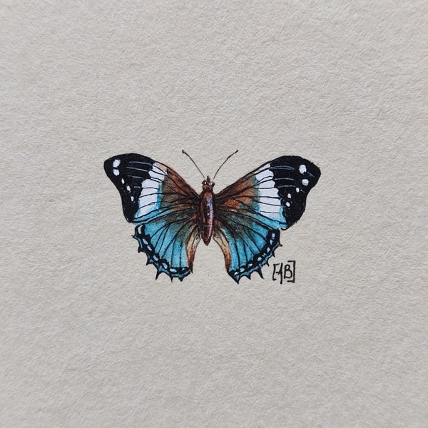 Original watercolor illustration with blue butterfly,  miniature painting butterfly wings, gift for nature lover, minimalist wall decor