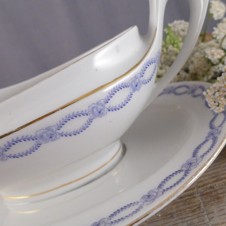 brocante vintage plate vintage sauceboat, vintage bowl retro plate vintage old plate Dinner set with a blue pattern