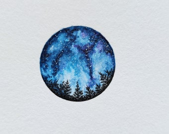 Starry night in the forest, Miniature painting,  northern lights illustration, original watercolor with frame, wall tiny art decoration