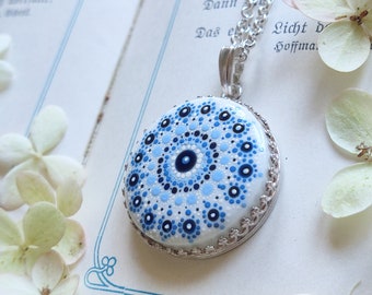 Porcelain hand-painted necklace with Mandala, white and blue style summer jewelry, gift for boho style lover, geometric necklace present