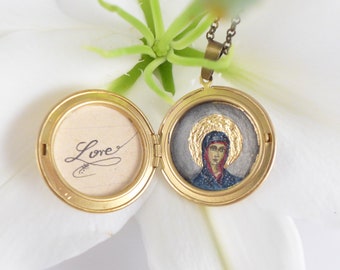 Hand bemalt Medaillon mit Maria Mutter Gottes, Halskette mit Porträt Madonna, personalisierte katholische Halskette, religiöses Geschenk, christliche Kunst